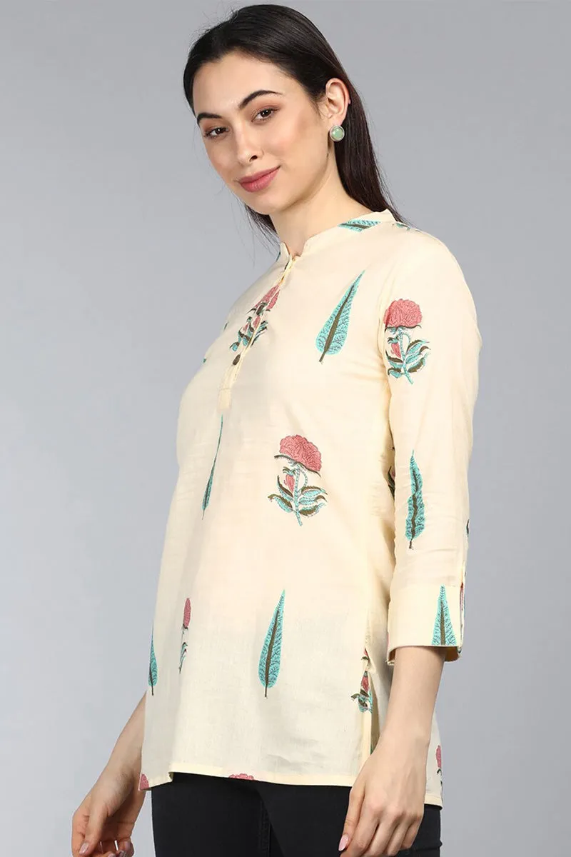 Cream Cotton Ethnic Motifs Regular Tunic Top