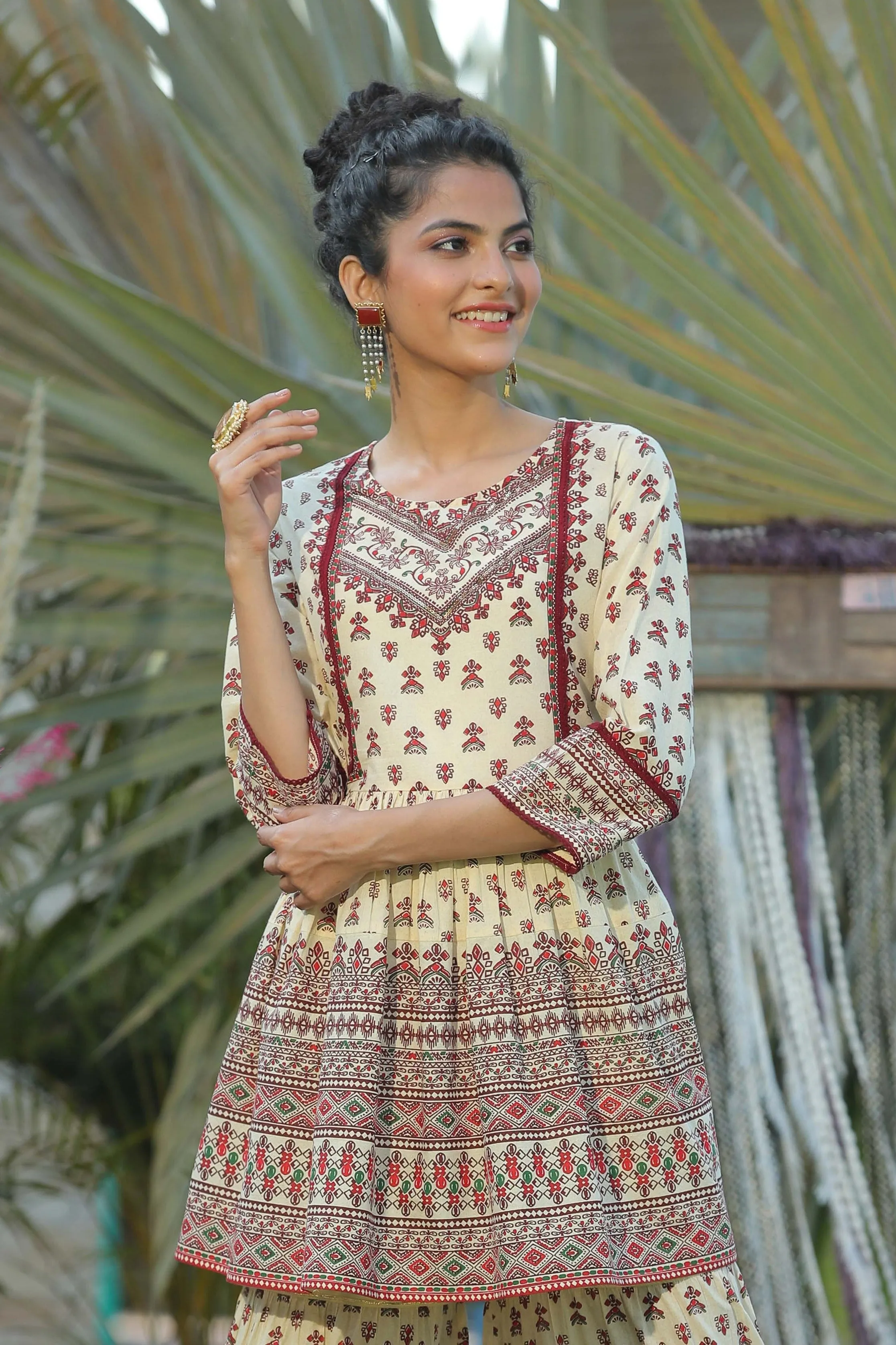 Creme Cotton Cambric Printed Peplum Tunic