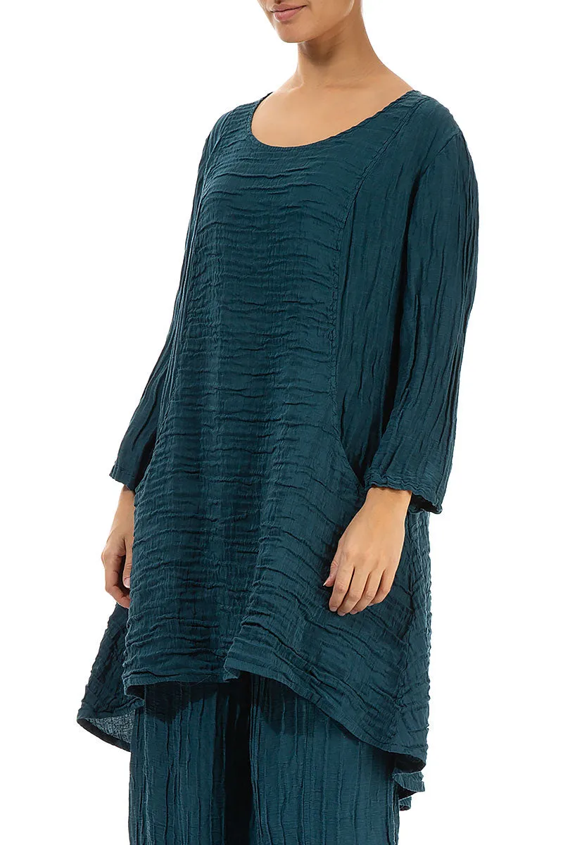 Crinkled Two Pockets Dark Teal Silk Tunic