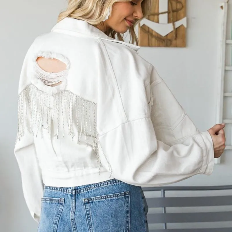 Cropped Collared Neck Dropped Shoulder Denim Jacket