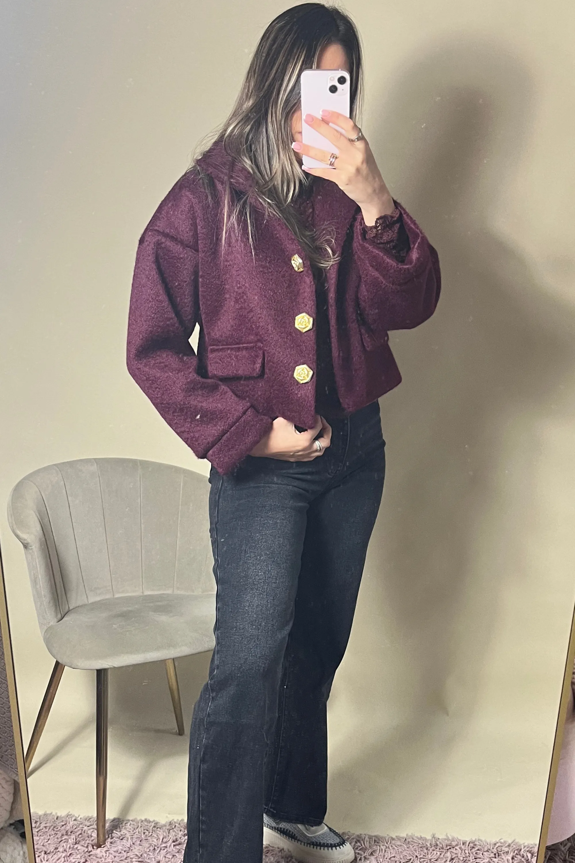 Cropped Textured Burgundy Bomber Jacket