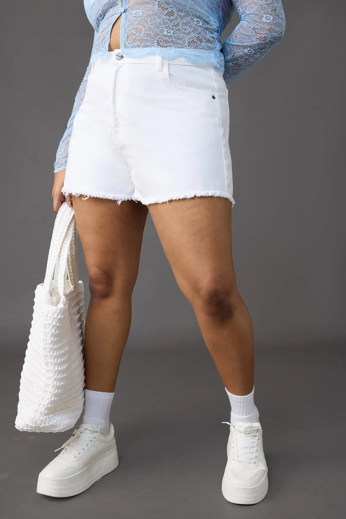 Curve Frayed Hem White Denim Hot Shorts