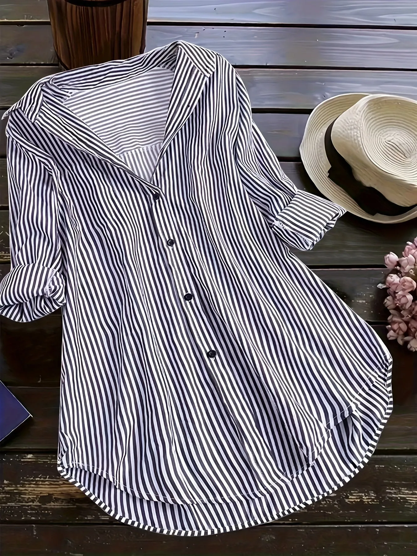 Curvy Chic Striped Long Sleeve ButtonUp Tunic Blouse