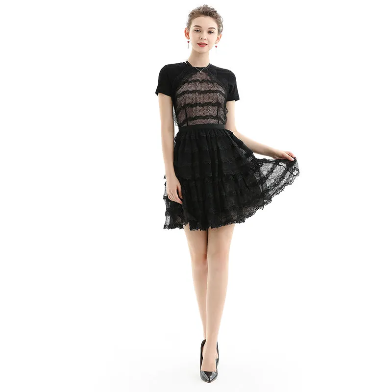 D073 Women lace halter neck scallop trims ruffled detail tiered mini evening dress