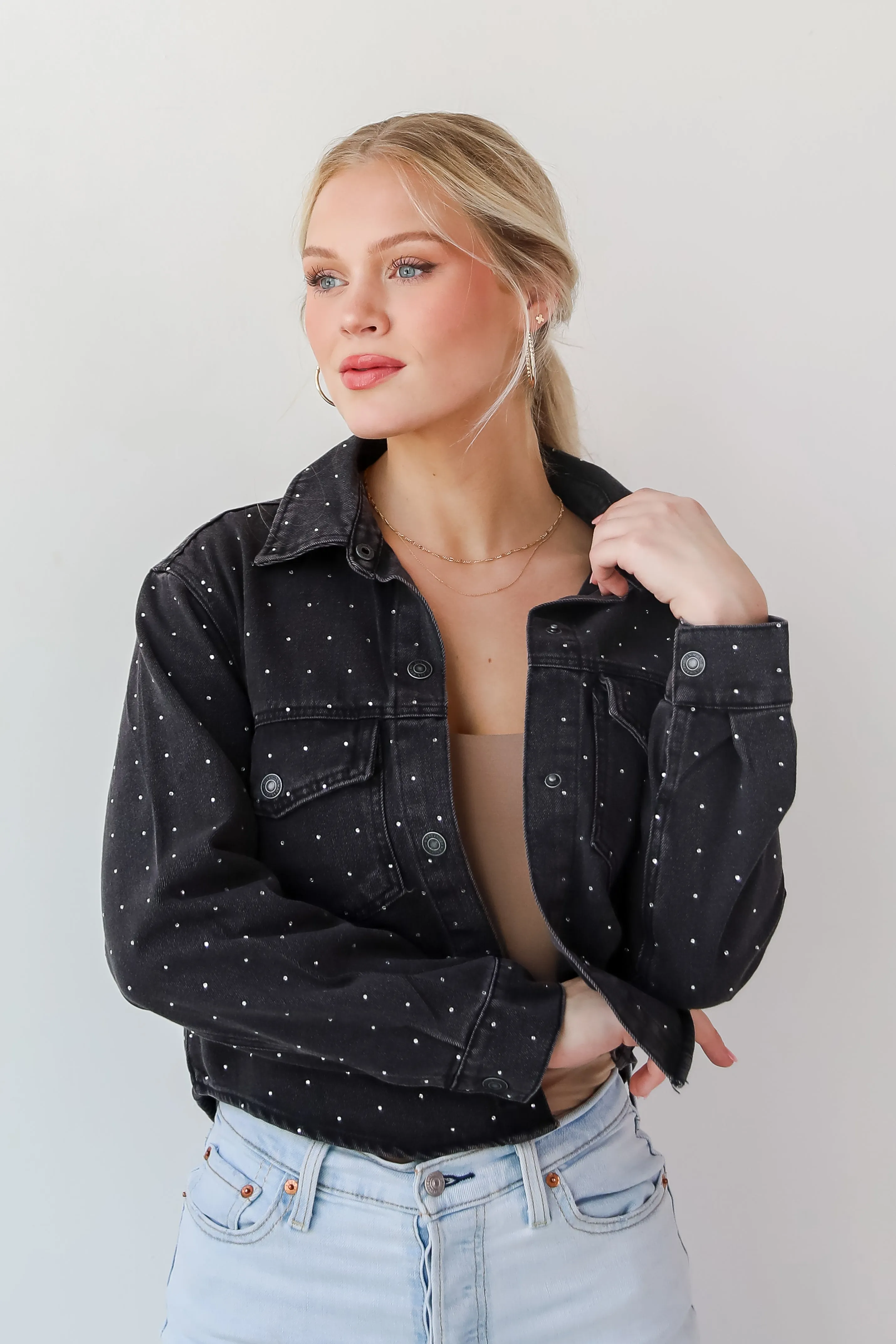 Dazzling Stunner Black Rhinestone Cropped Denim Jacket