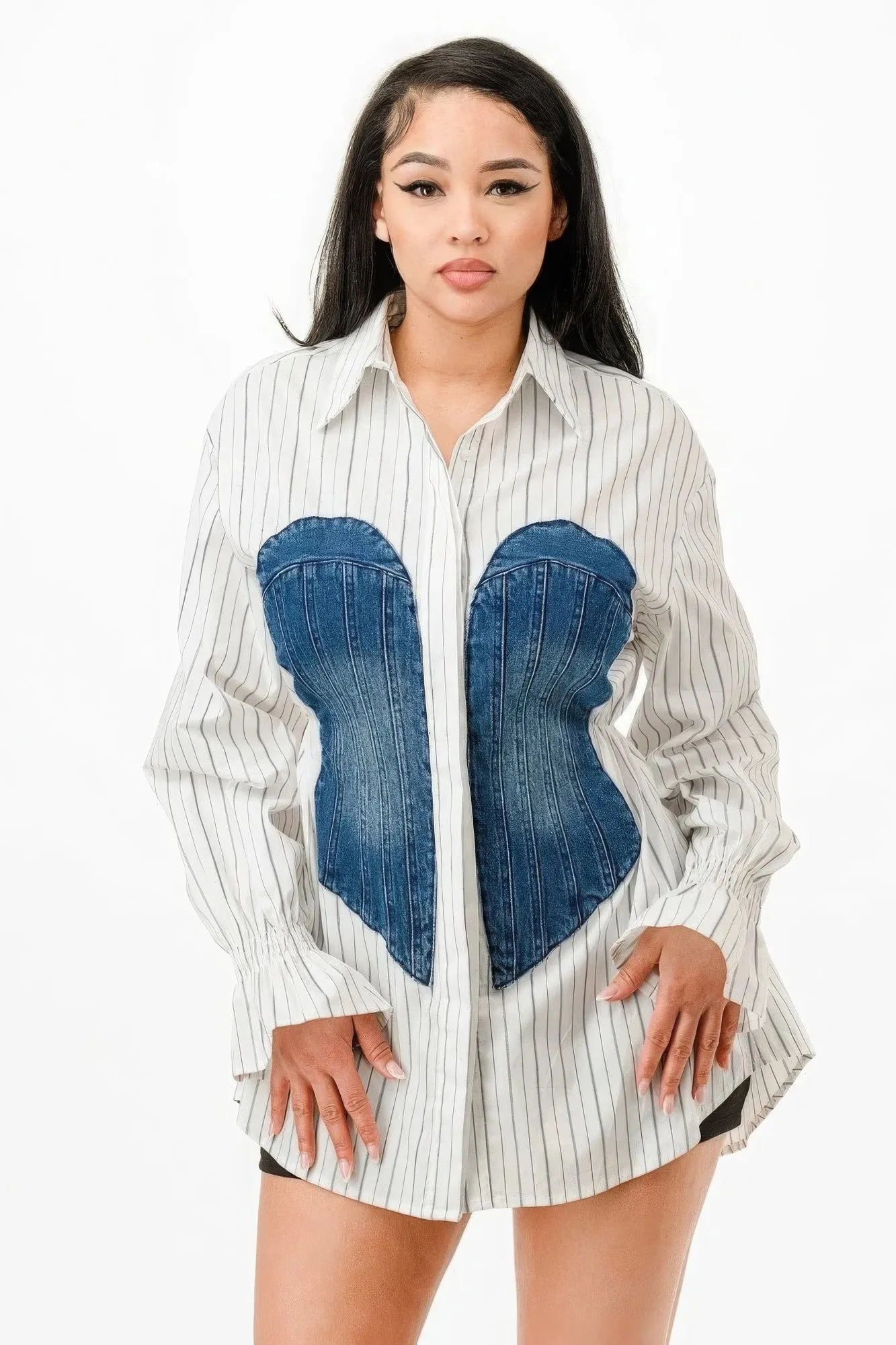 Denim Patch Stripe Dress Shirt