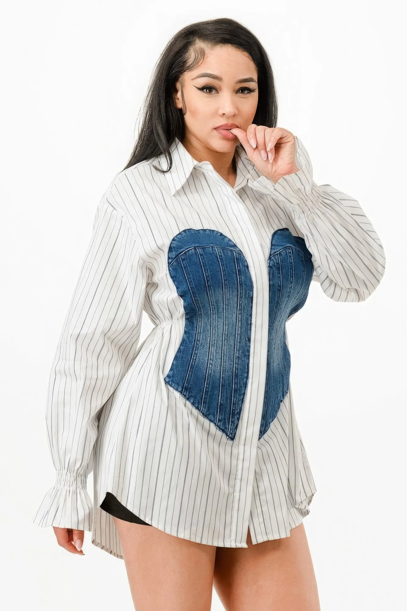 Denim Patch Stripe Dress Shirt