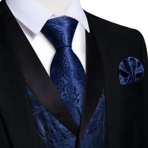 DiBanGu Dark Blue Floral Silk Shawl Collar Mens Dress Vest Tie Set