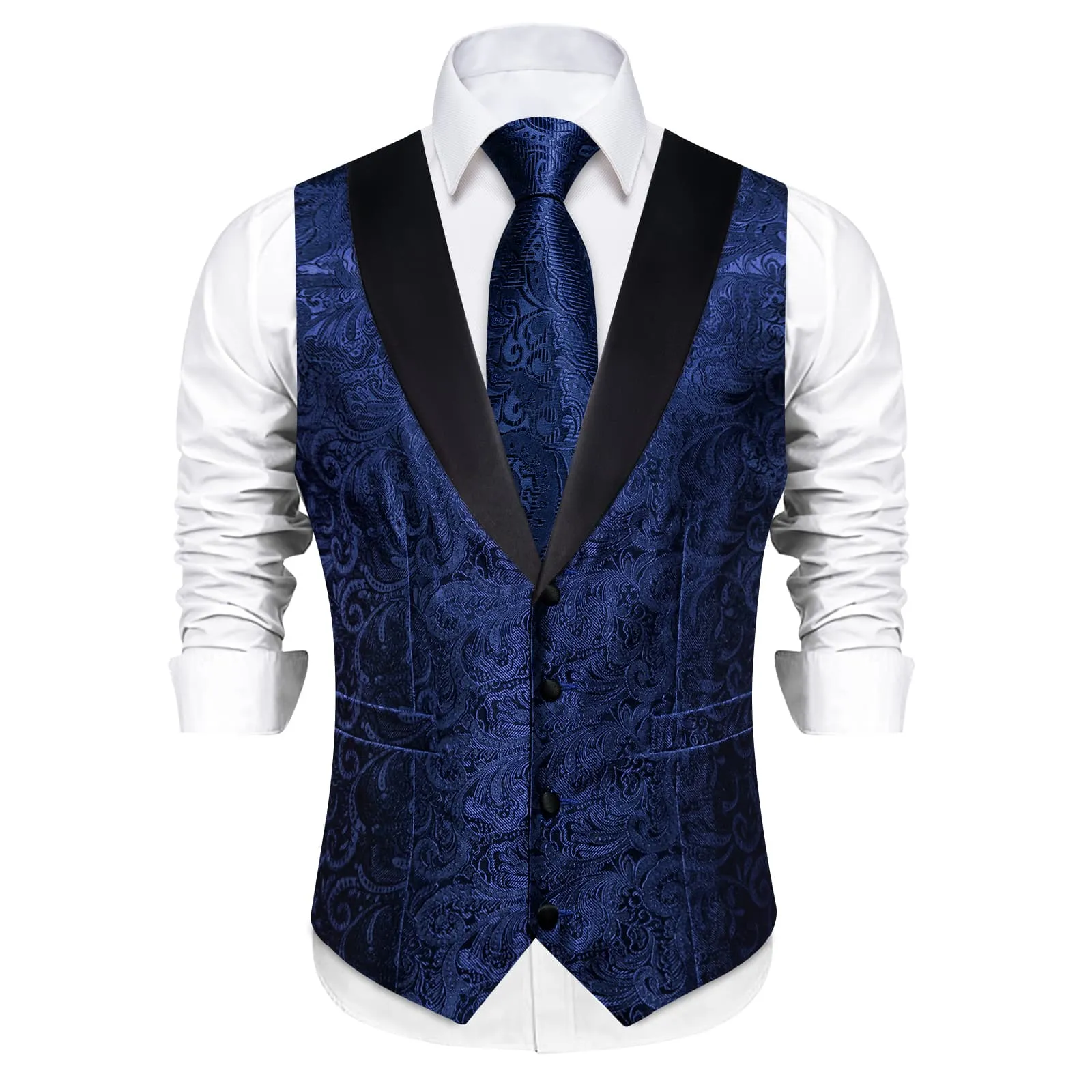 DiBanGu Dark Blue Floral Silk Shawl Collar Mens Dress Vest Tie Set