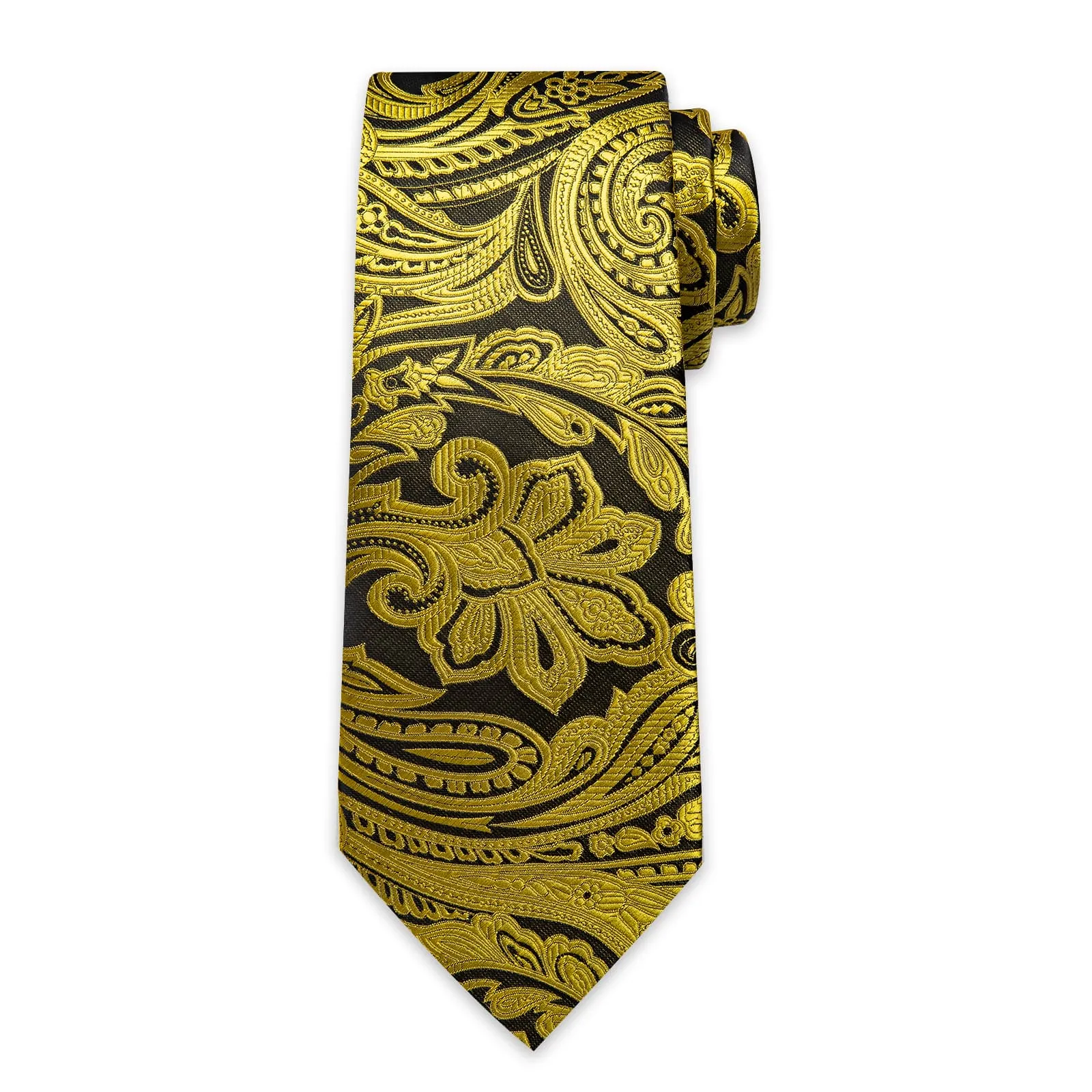 DiBanGu Dress Tie Brass Green Floral Mens Silk Business Tie Handkerchief Cufflinks Set