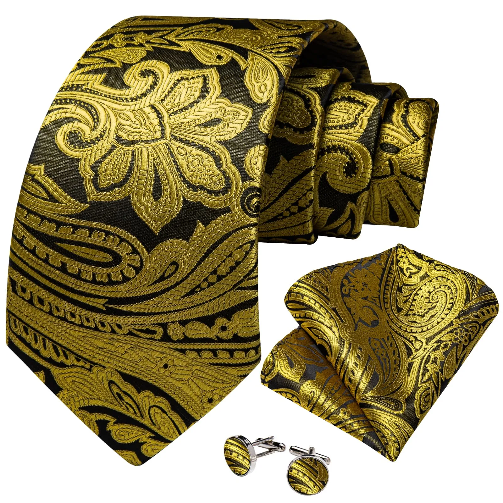 DiBanGu Dress Tie Brass Green Floral Mens Silk Business Tie Handkerchief Cufflinks Set