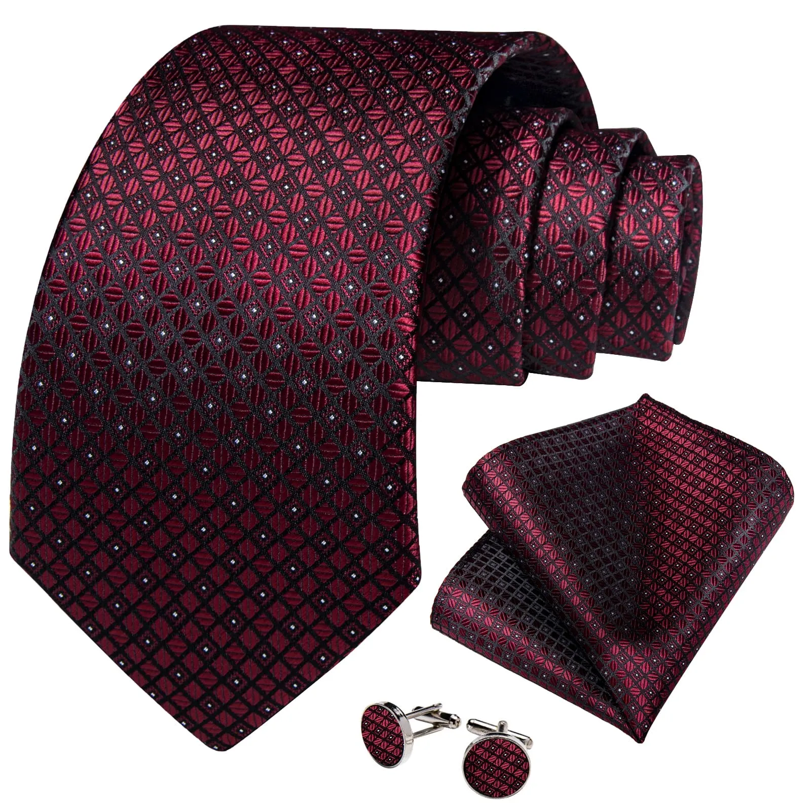 DiBanGu Dress Tie Burgundy Plaid Men's Silk Tie Pocket Square Cufflinks Set