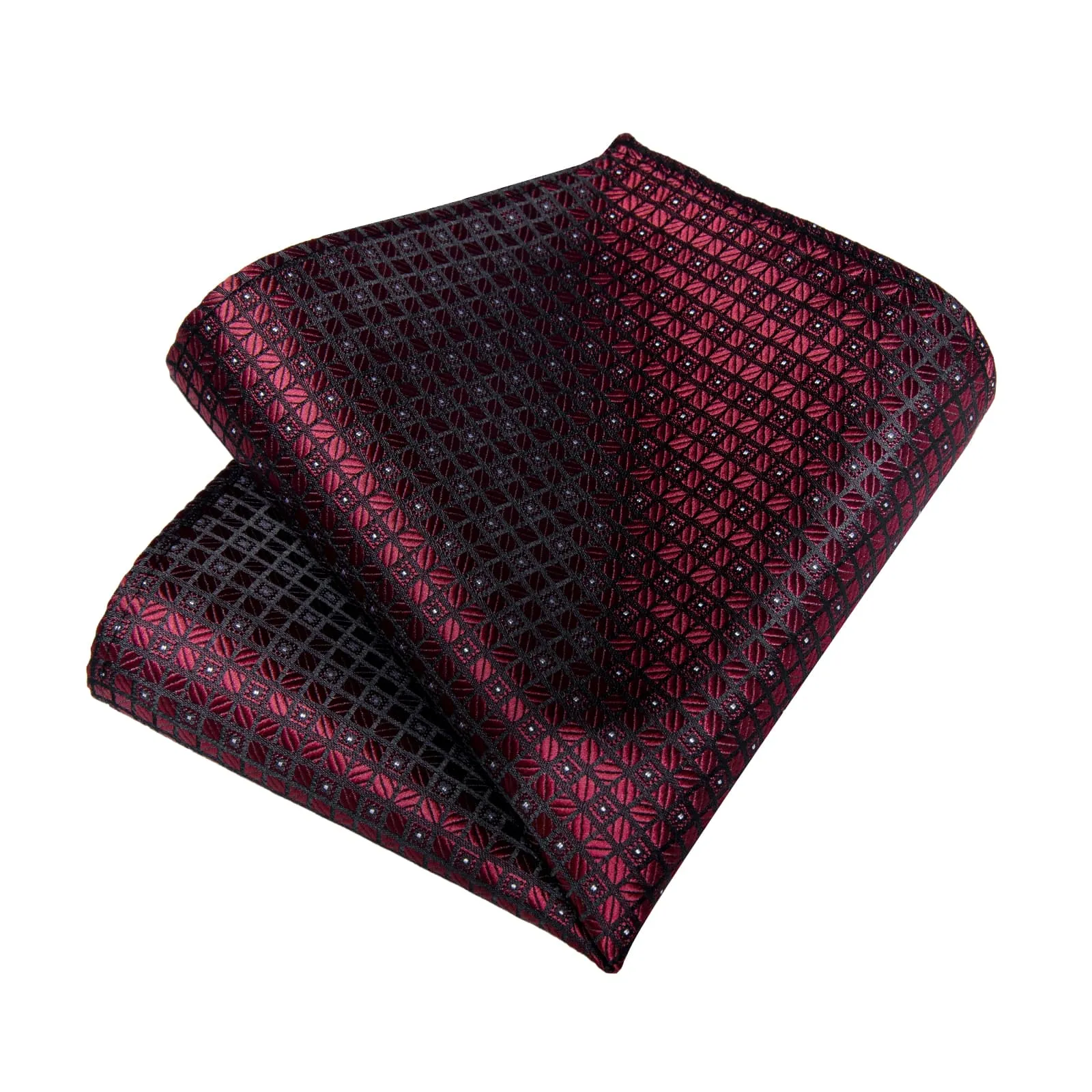 DiBanGu Dress Tie Burgundy Plaid Men's Silk Tie Pocket Square Cufflinks Set