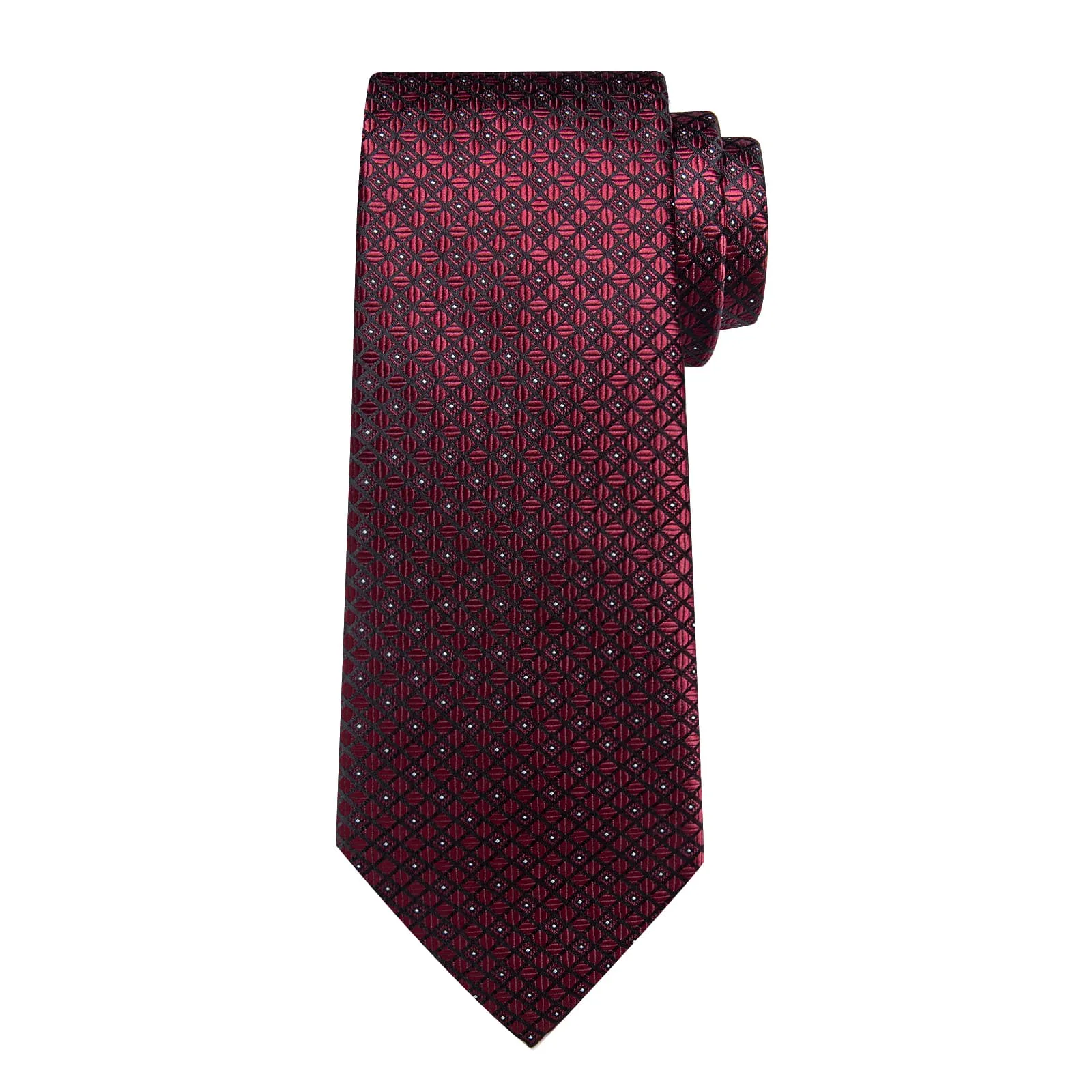 DiBanGu Dress Tie Burgundy Plaid Men's Silk Tie Pocket Square Cufflinks Set