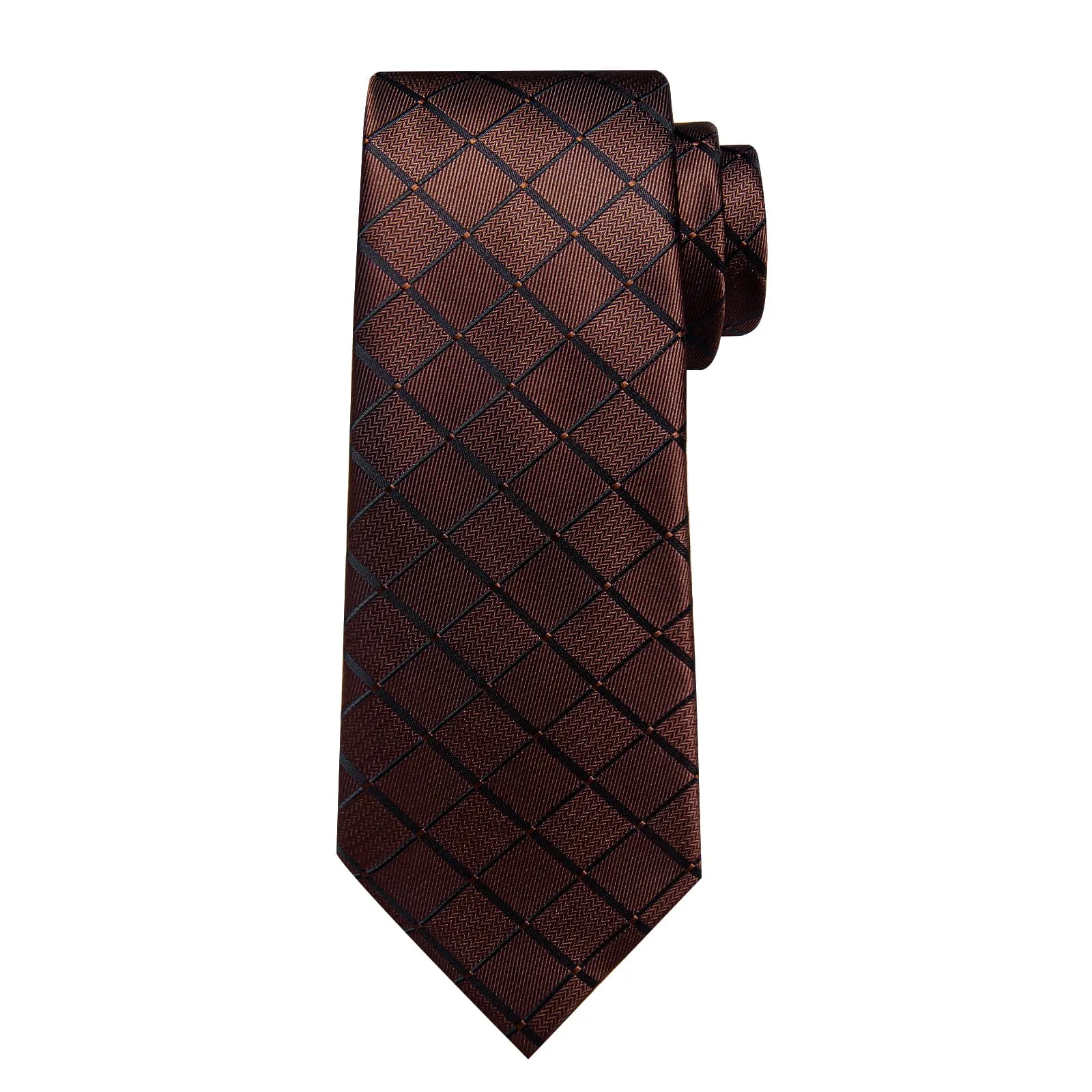 DiBanGu Dress Tie Deep Brown Plaid Men's Silk Tie Pocket Square Cufflinks Set