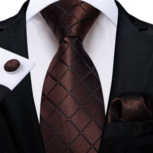 DiBanGu Dress Tie Deep Brown Plaid Men's Silk Tie Pocket Square Cufflinks Set