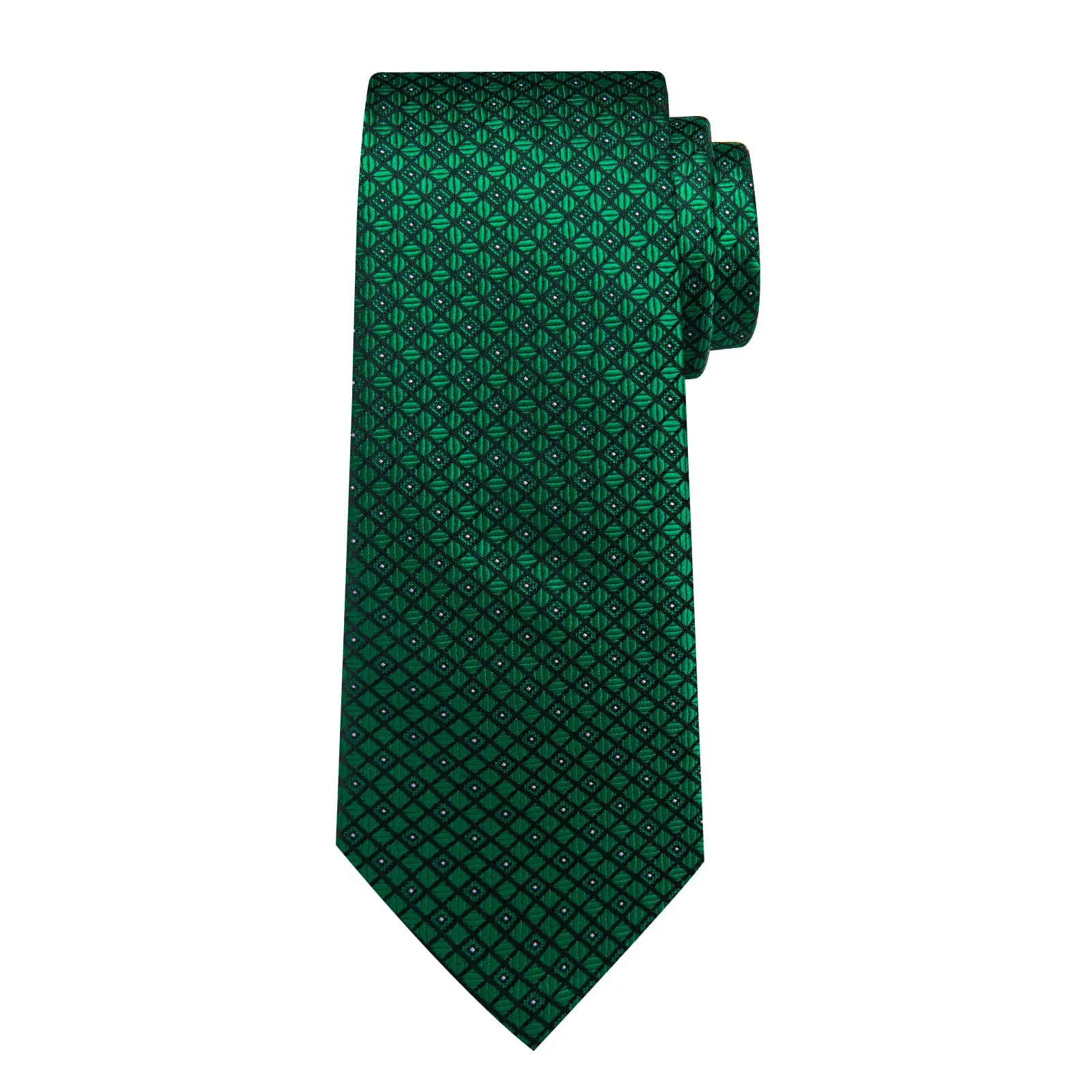 DiBanGu Dress Tie Emerald Green Plaid Men's Silk Tie Handkerchief Cufflinks Set