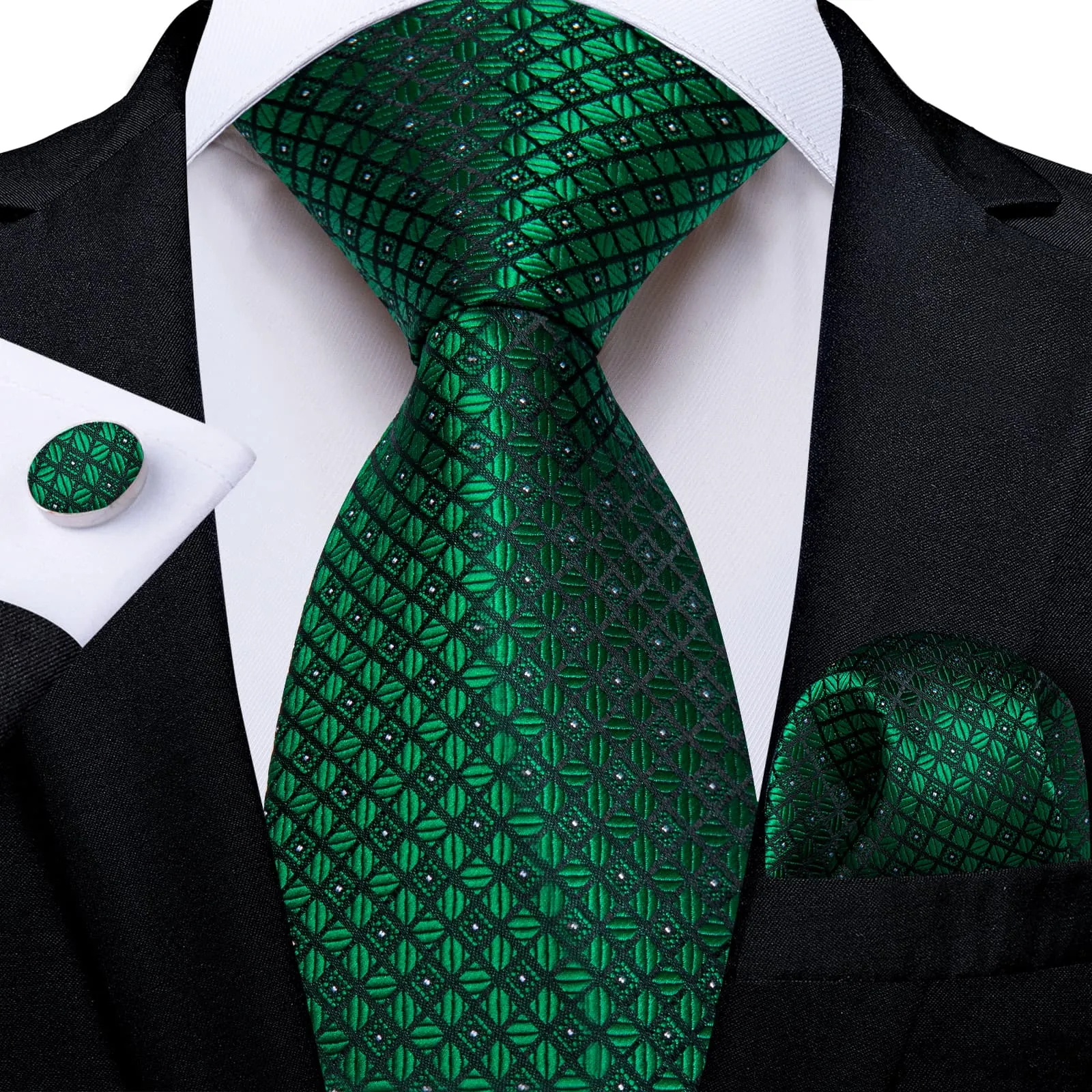 DiBanGu Dress Tie Emerald Green Plaid Men's Silk Tie Handkerchief Cufflinks Set