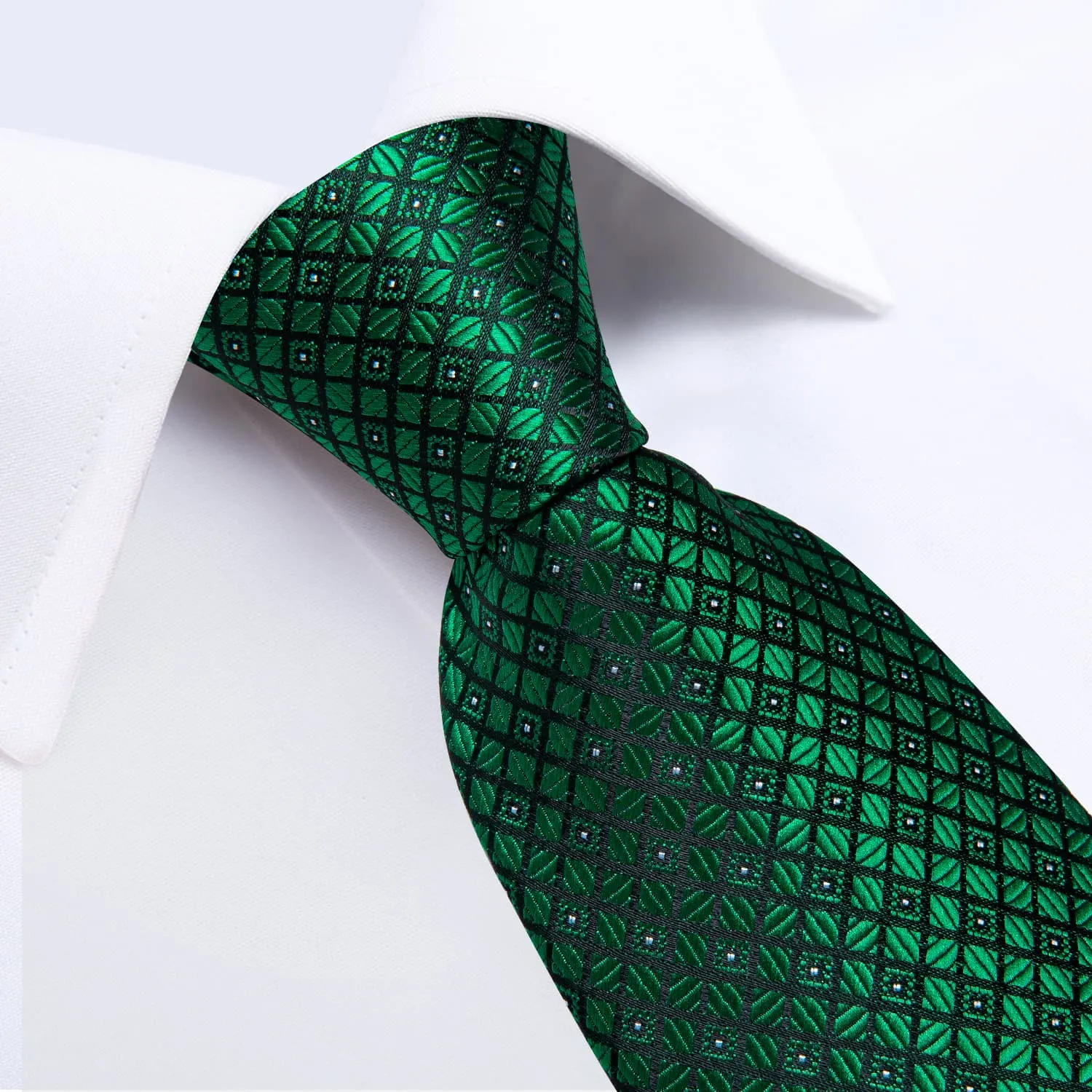 DiBanGu Dress Tie Emerald Green Plaid Men's Silk Tie Handkerchief Cufflinks Set