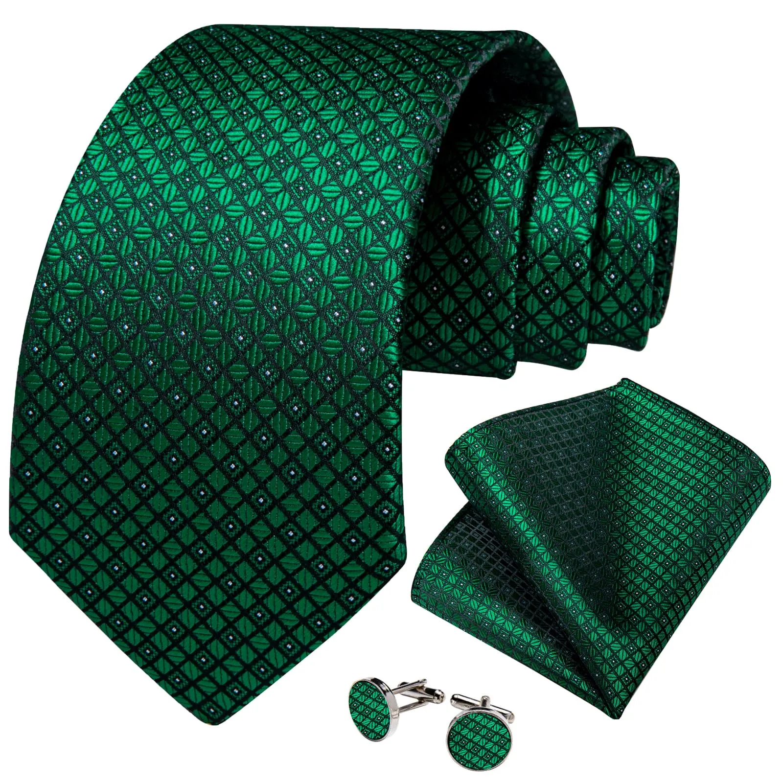 DiBanGu Dress Tie Emerald Green Plaid Men's Silk Tie Handkerchief Cufflinks Set