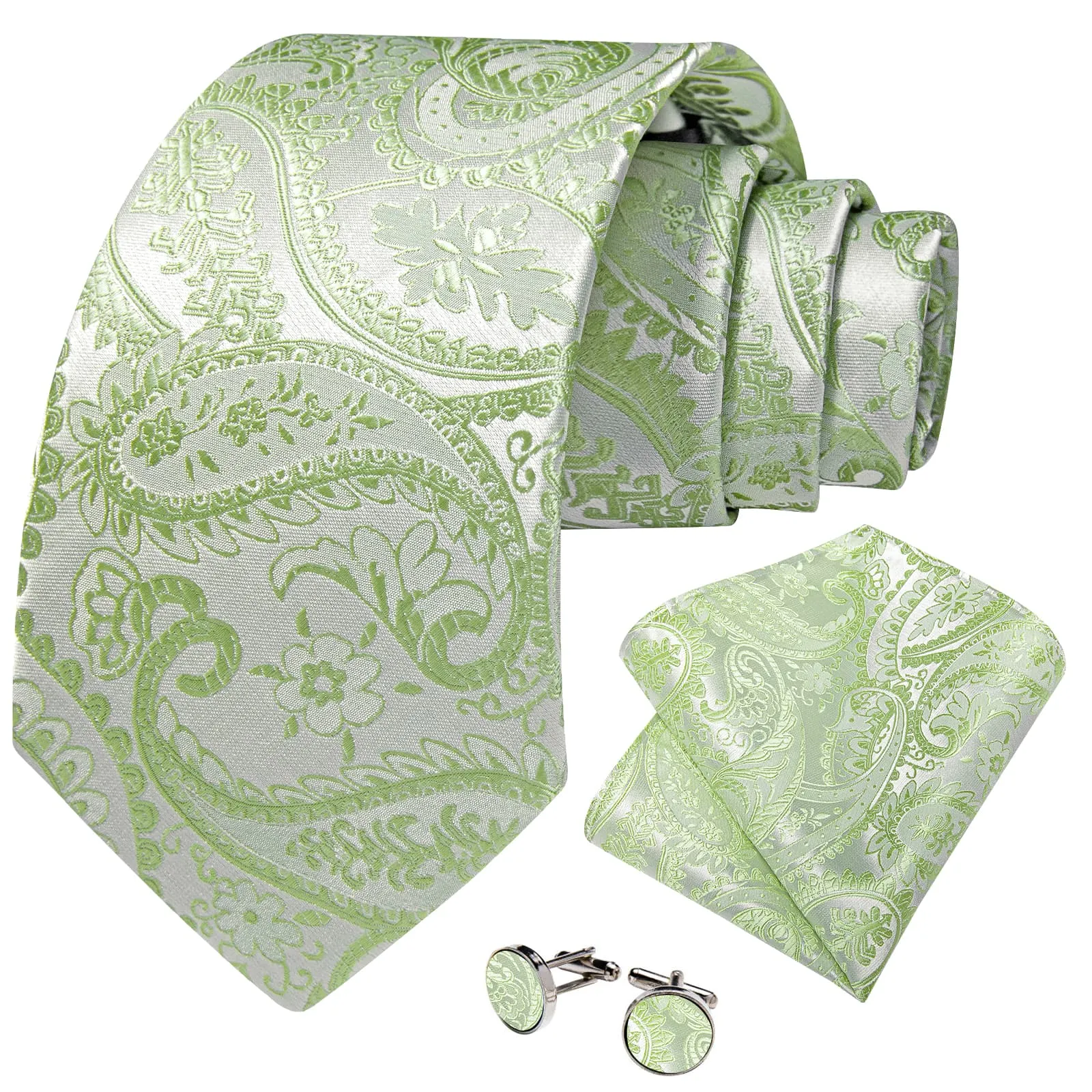 DiBanGu Dress Tie Lime Green Paisley Men's Silk Tie Hanky Cufflinks Set