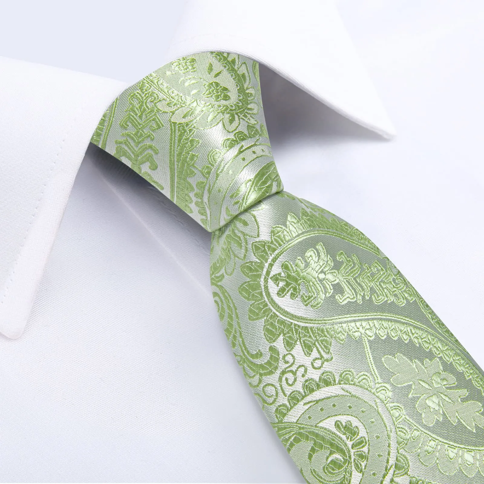 DiBanGu Dress Tie Lime Green Paisley Men's Silk Tie Hanky Cufflinks Set