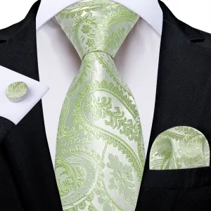 DiBanGu Dress Tie Lime Green Paisley Men's Silk Tie Hanky Cufflinks Set