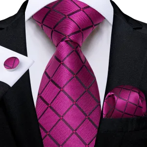 DiBanGu Dress Tie Magenta Pink Plaid Men's Silk Tie Pocket Square Cufflinks Set