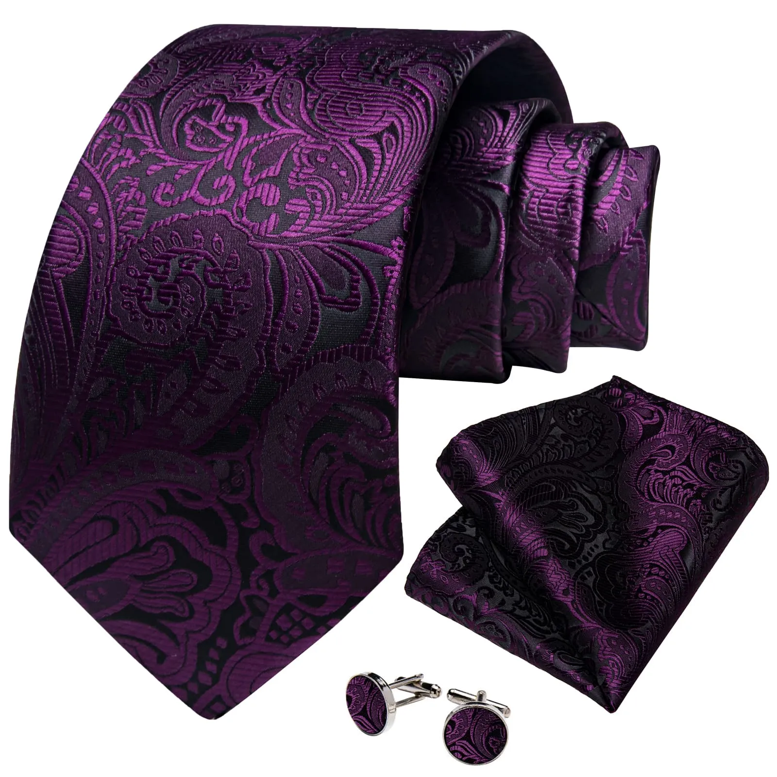 DiBanGu Dress Tie Tyrian Purple Floral Mens Silk Business Work Tie Handkerchief Cufflinks Set