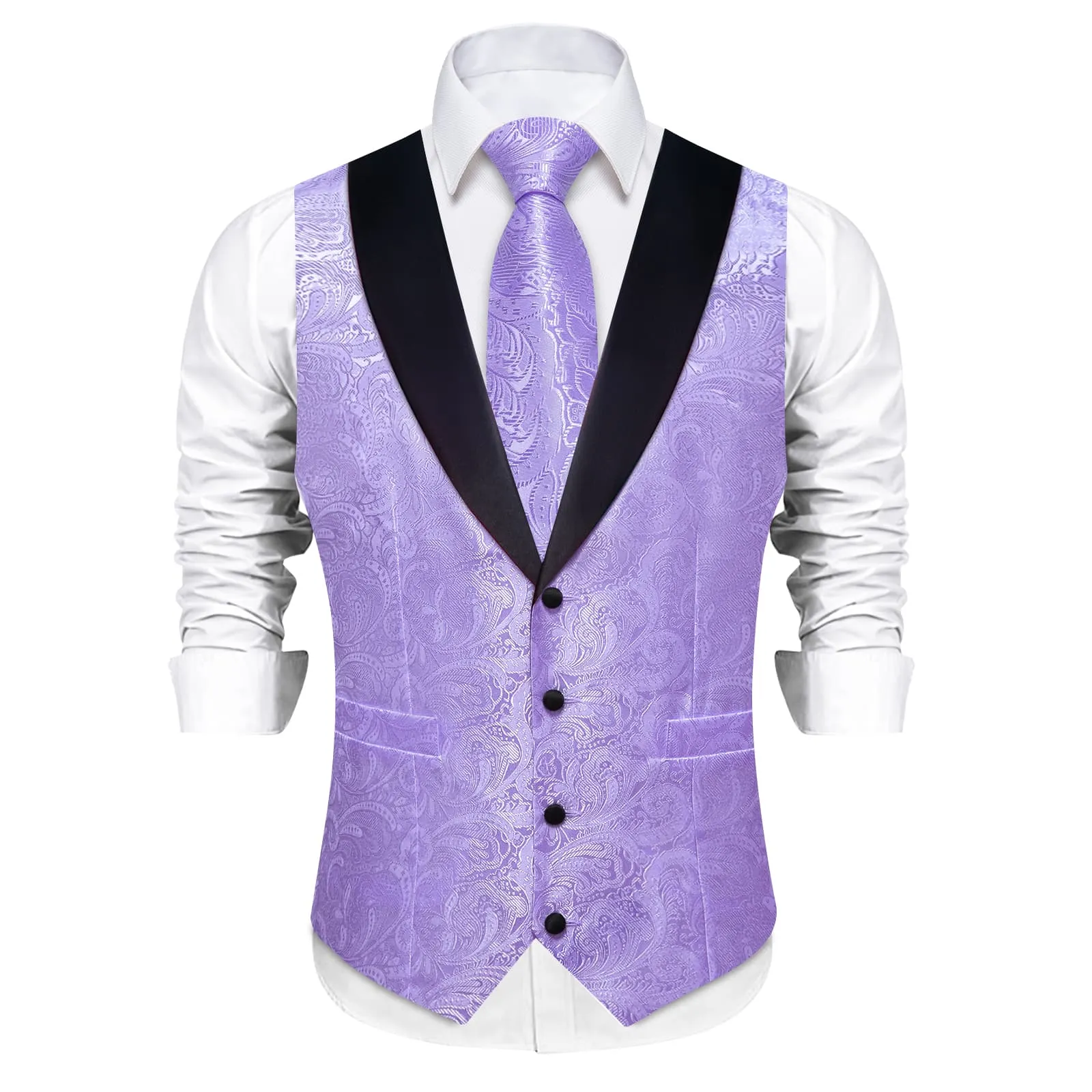 DiBanGu Light Pastel Purple Floral Silk Shawl Collar Mens Dress Vest Tie Set