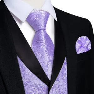 DiBanGu Light Pastel Purple Floral Silk Shawl Collar Mens Dress Vest Tie Set