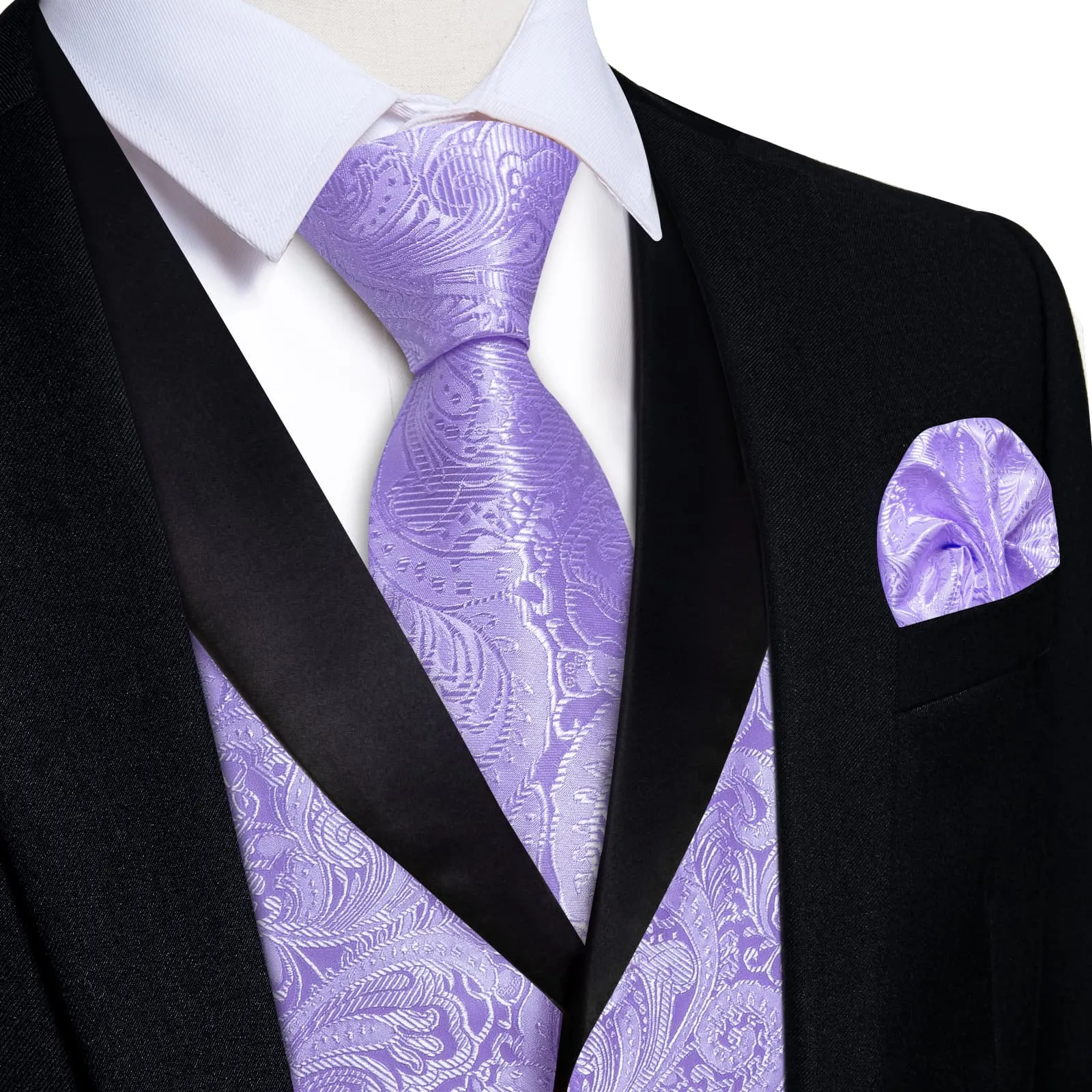 DiBanGu Light Pastel Purple Floral Silk Shawl Collar Mens Dress Vest Tie Set