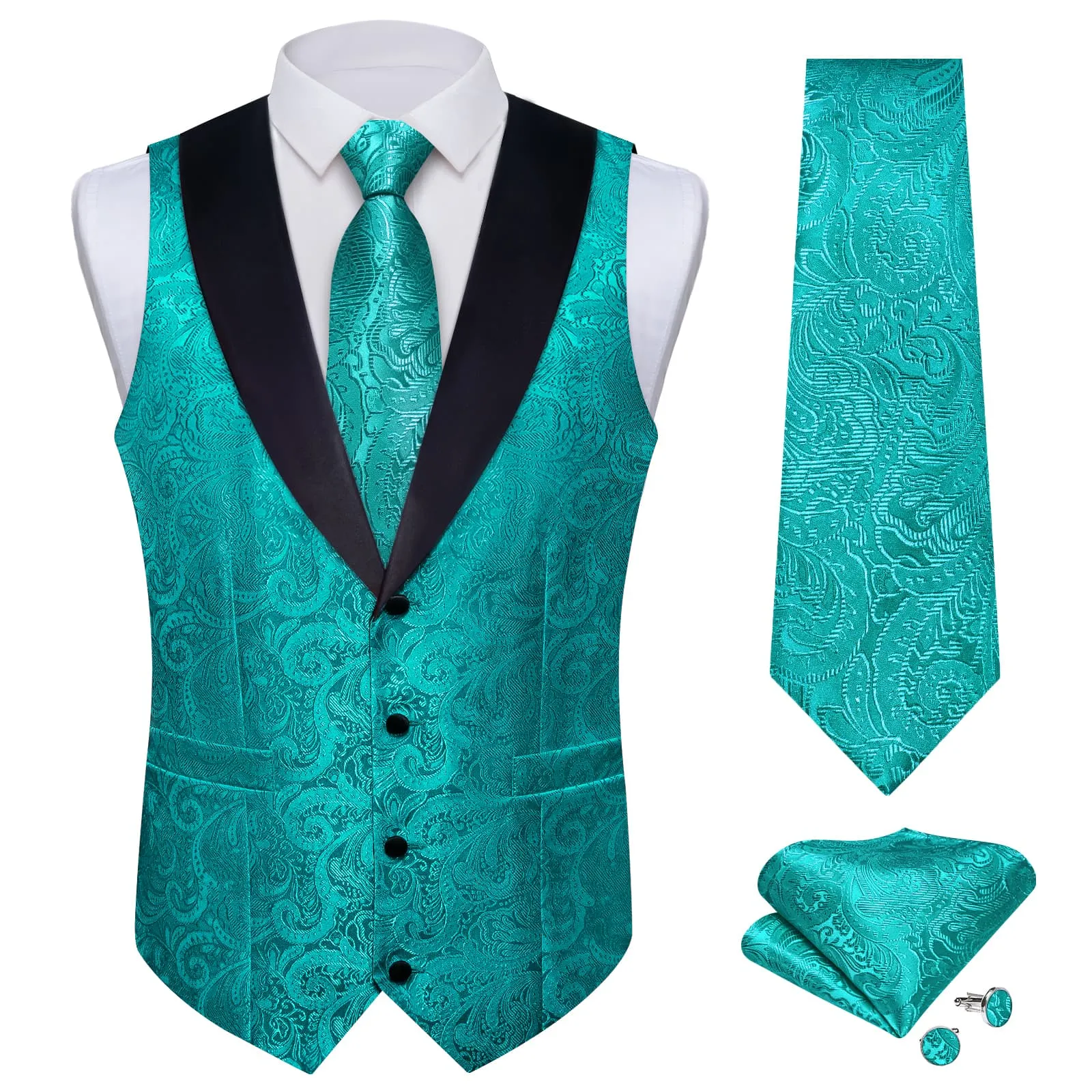 DiBanGu Light Sea Green Floral Silk Shawl Collar Mens Dress Vest Tie Set