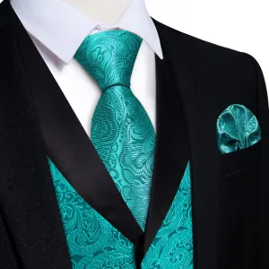 DiBanGu Light Sea Green Floral Silk Shawl Collar Mens Dress Vest Tie Set