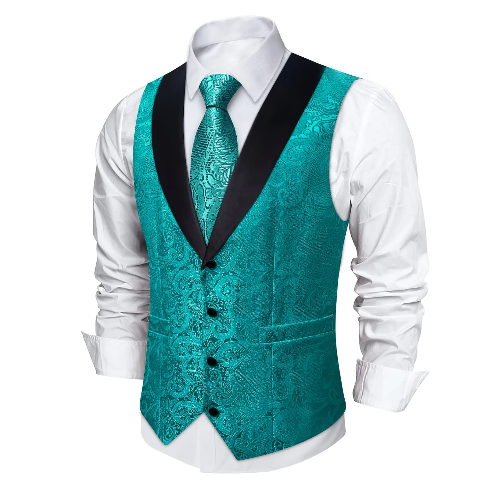 DiBanGu Light Sea Green Floral Silk Shawl Collar Mens Dress Vest Tie Set