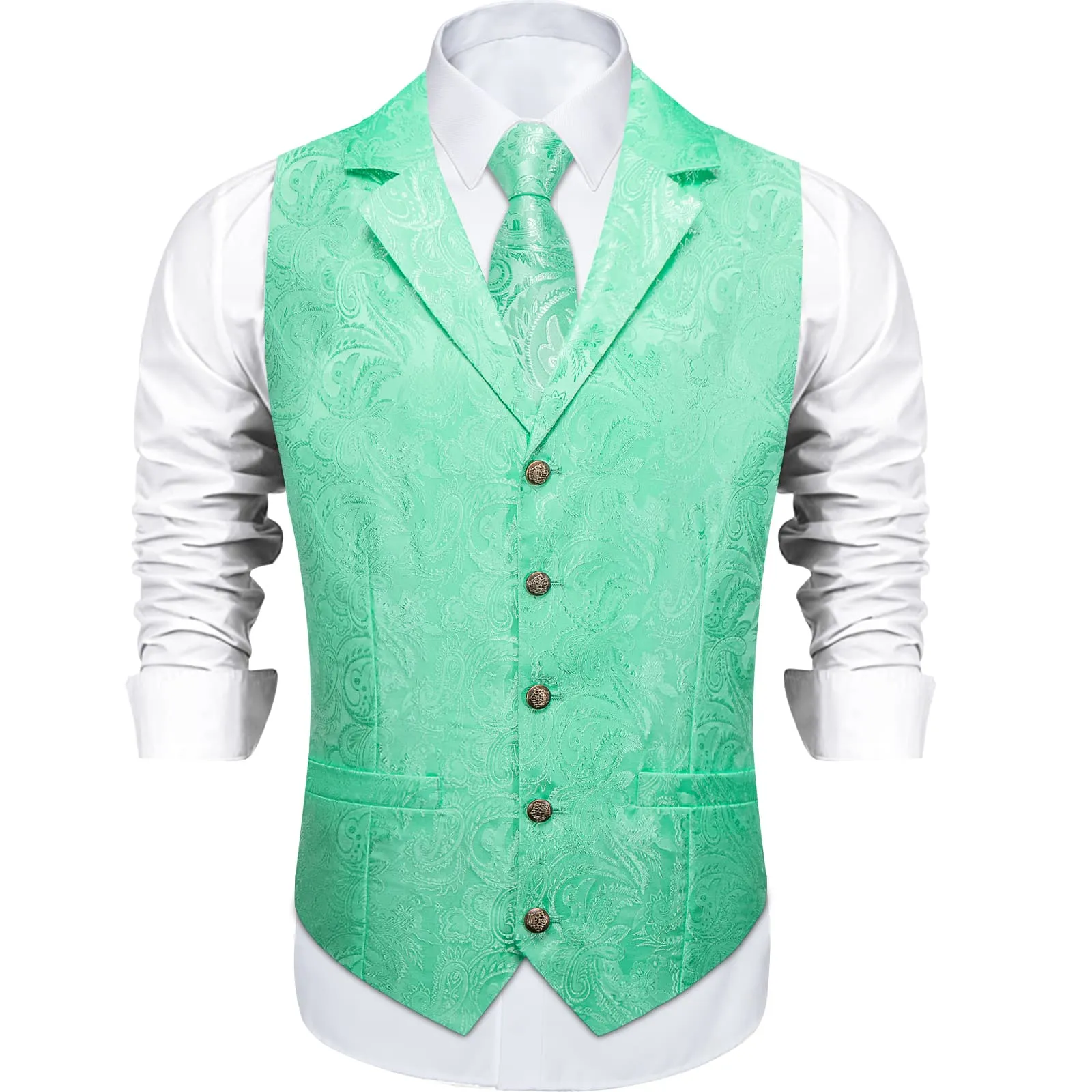 DiBanGu Magic Mint Green Paisley Silk Notched Collar Slim Fit Mens Waistcoat Tie Set