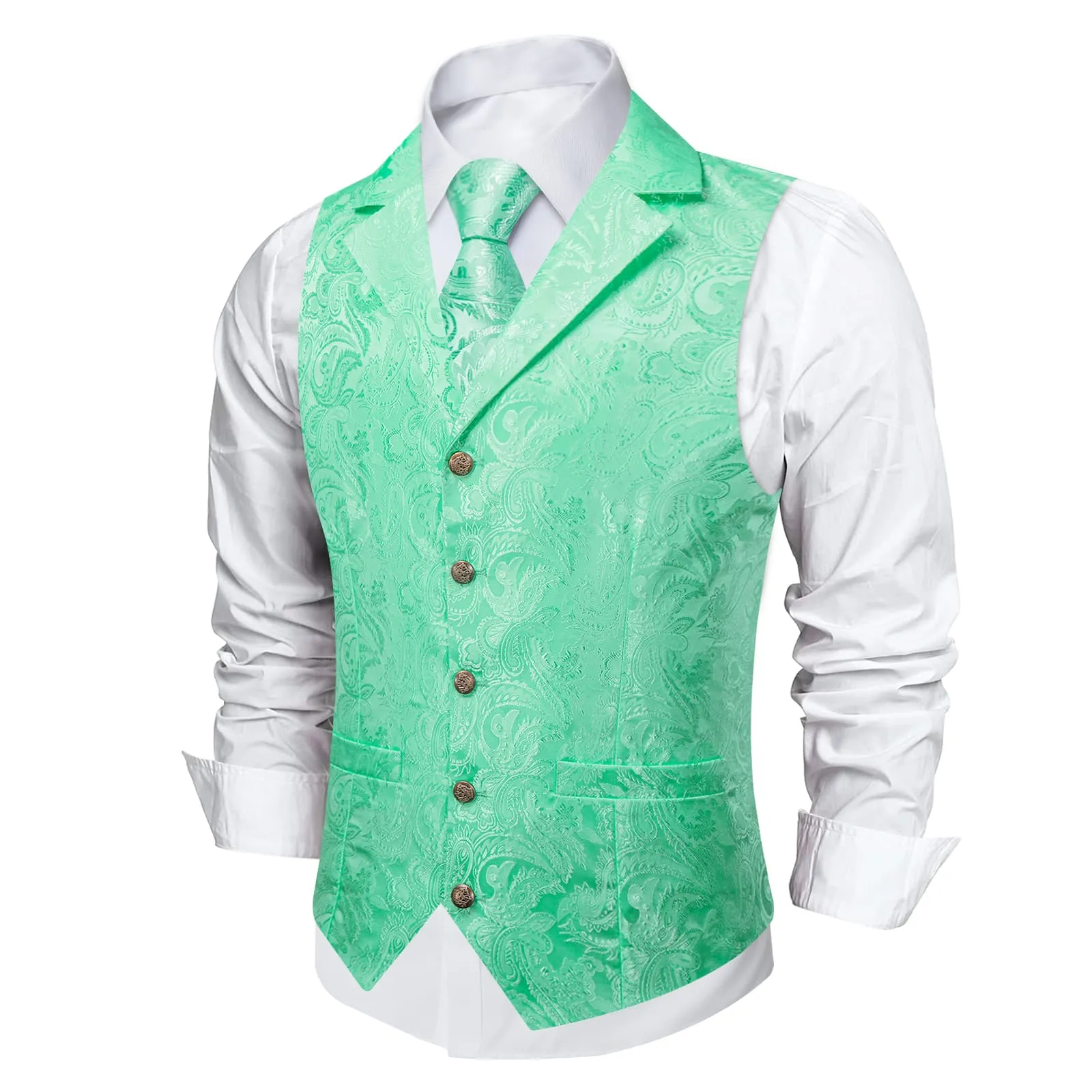 DiBanGu Magic Mint Green Paisley Silk Notched Collar Slim Fit Mens Waistcoat Tie Set