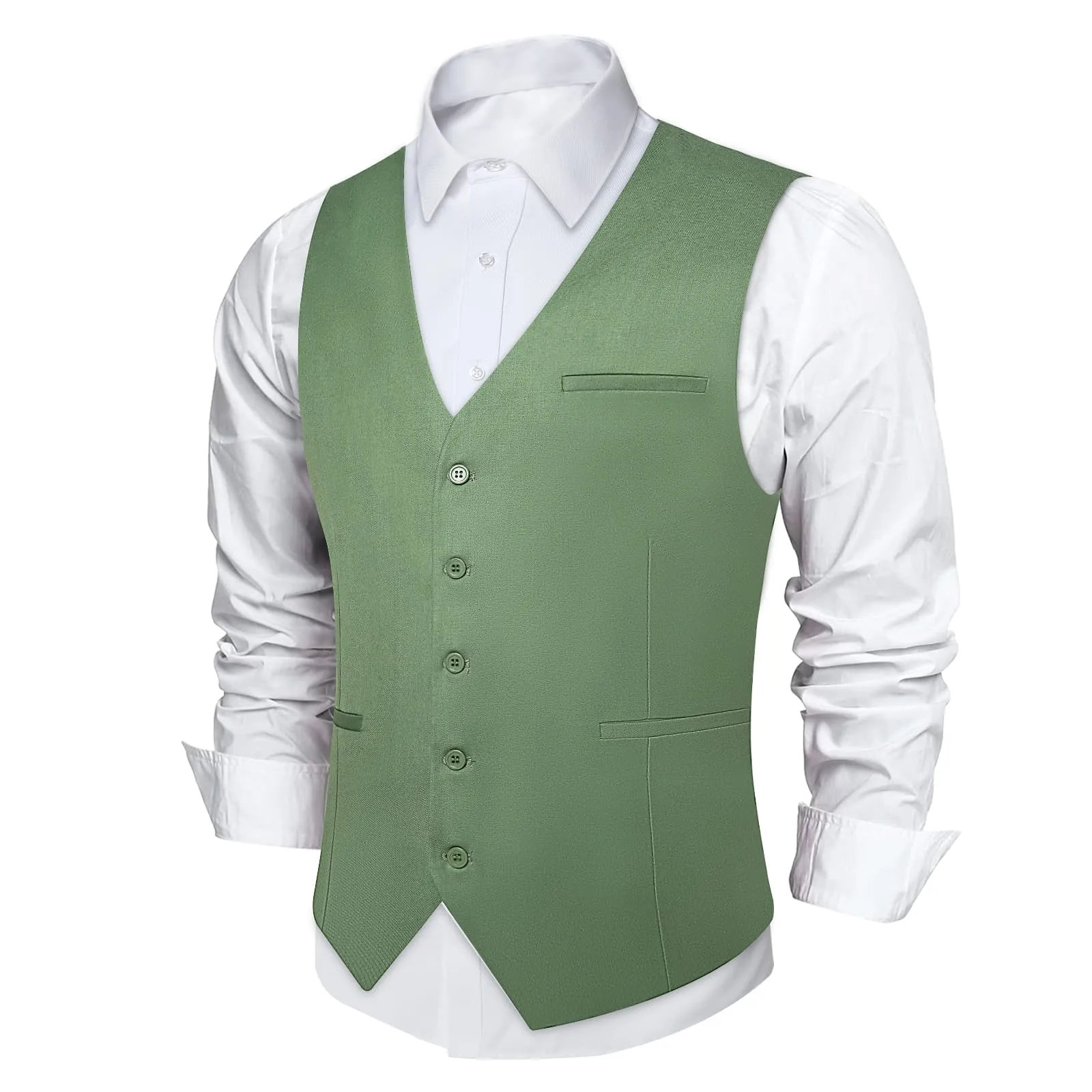 DiBanGu Mens Vest Asparagus Green Solid V Neck Work Waistcoat Silk Button Vest