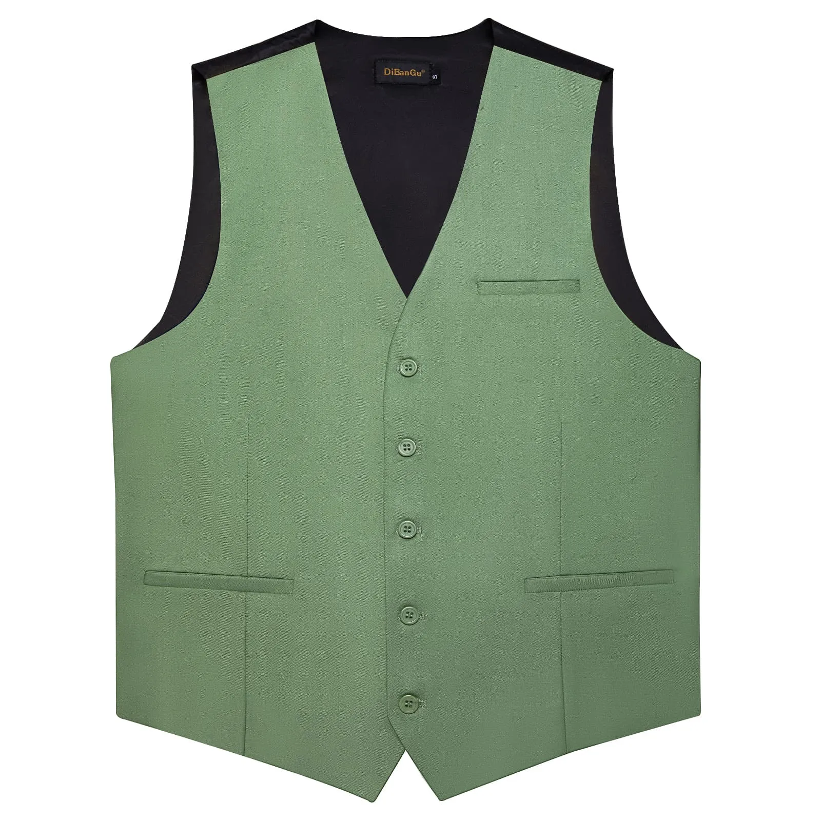 DiBanGu Mens Vest Asparagus Green Solid V Neck Work Waistcoat Silk Button Vest