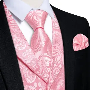 DiBanGu Nadeshiko Pink Paisley Notched Collar Silk Mens Vest Tie Set