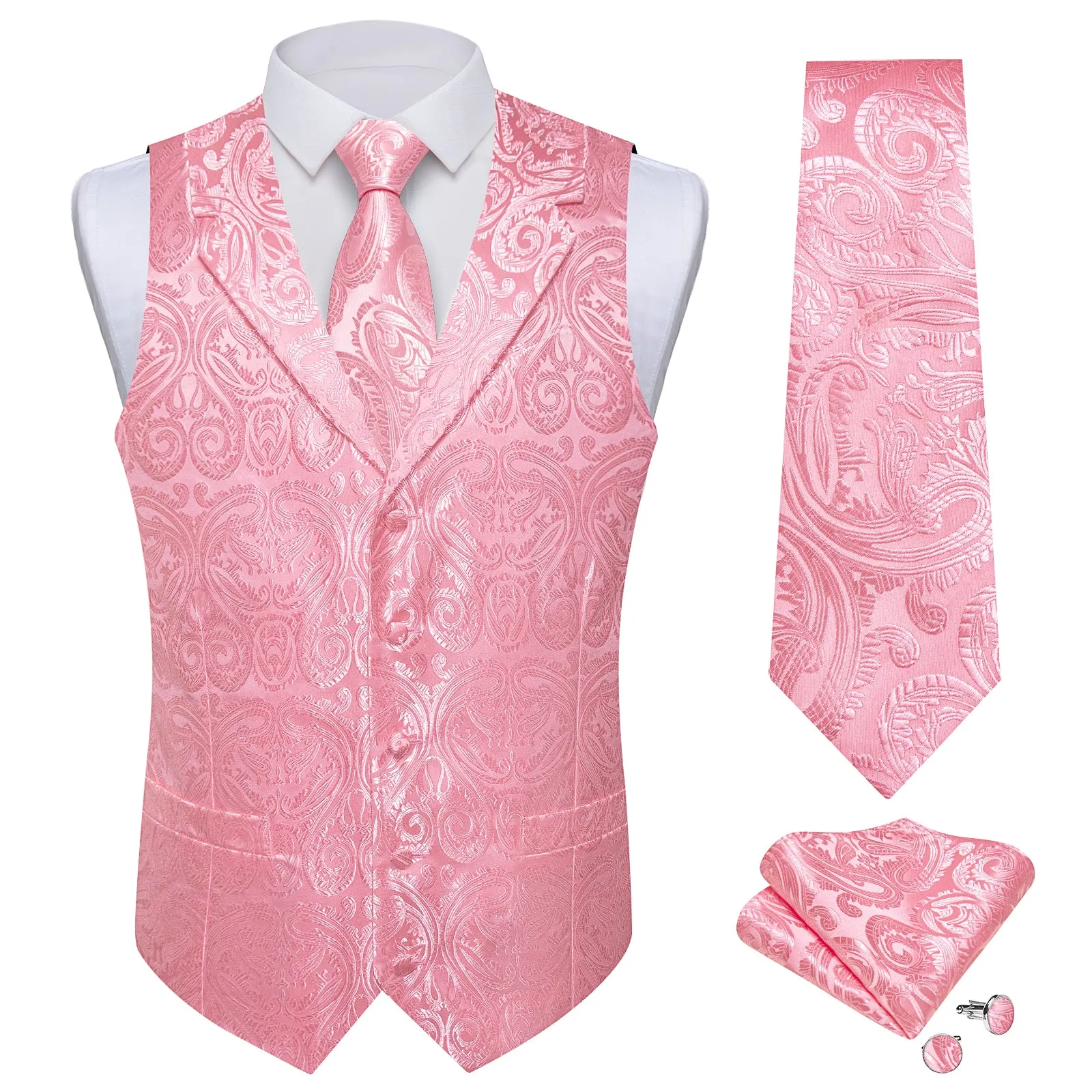 DiBanGu Nadeshiko Pink Paisley Notched Collar Silk Mens Vest Tie Set