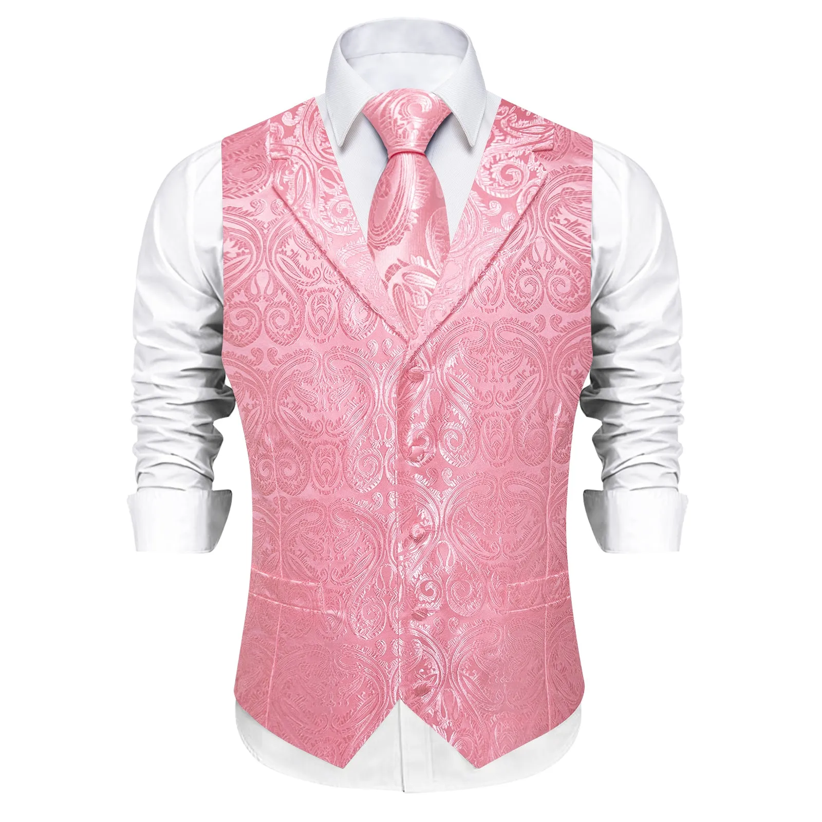 DiBanGu Nadeshiko Pink Paisley Notched Collar Silk Mens Vest Tie Set