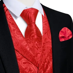 DiBanGu Pure Red Paisley Notched Collar Silk Mens Vest Tie Set