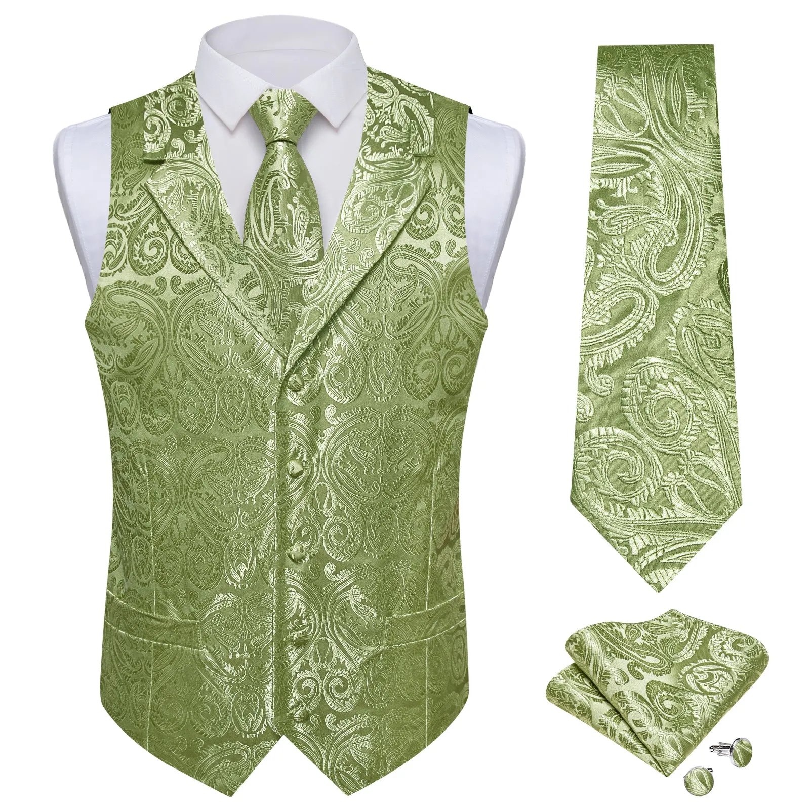 DiBanGu Sage Green Paisley Notched Collar Silk Mens Vest Tie Set