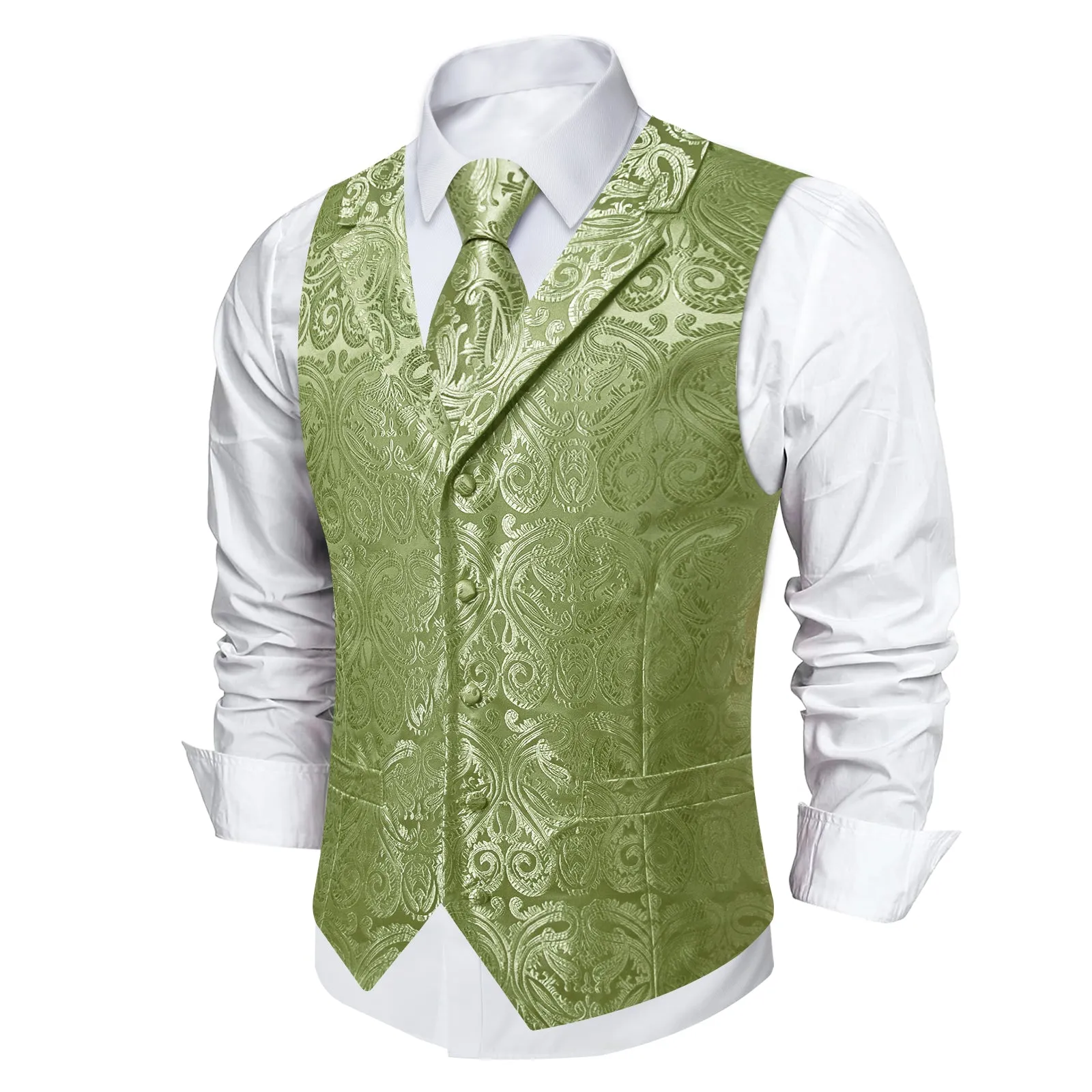 DiBanGu Sage Green Paisley Notched Collar Silk Mens Vest Tie Set