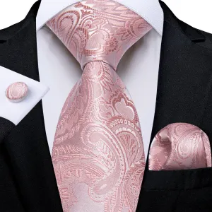 DiBanGu Silk Necktie Rose Pink Paisley Mens Dress Tie Pocket Square Cufflinks Set