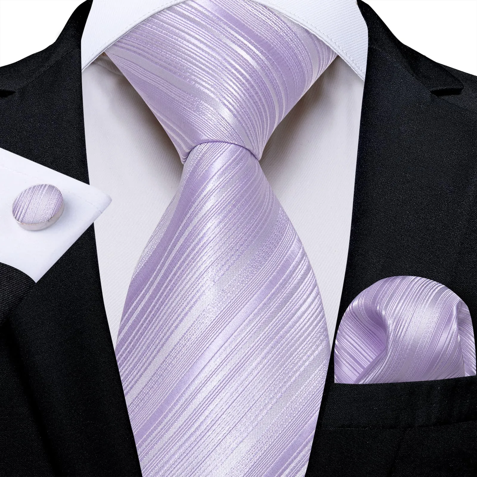 DiBanGu Silk Tie Lavender Purple Striped Lazy Easy-pull Mens Dress Tie Hanky Cufflinks Set