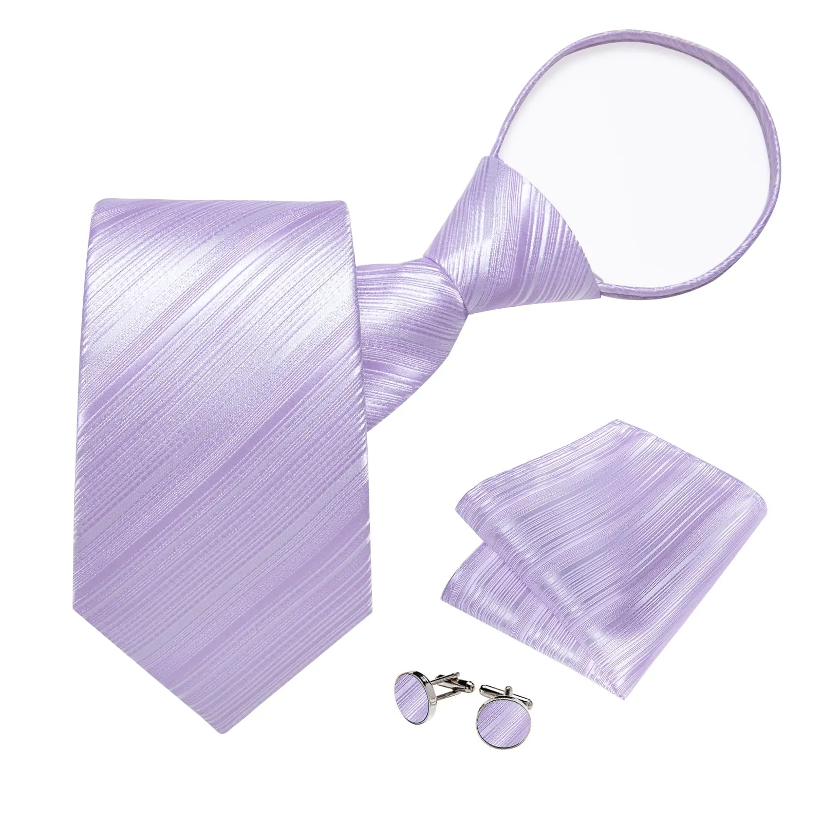 DiBanGu Silk Tie Lavender Purple Striped Lazy Easy-pull Mens Dress Tie Hanky Cufflinks Set