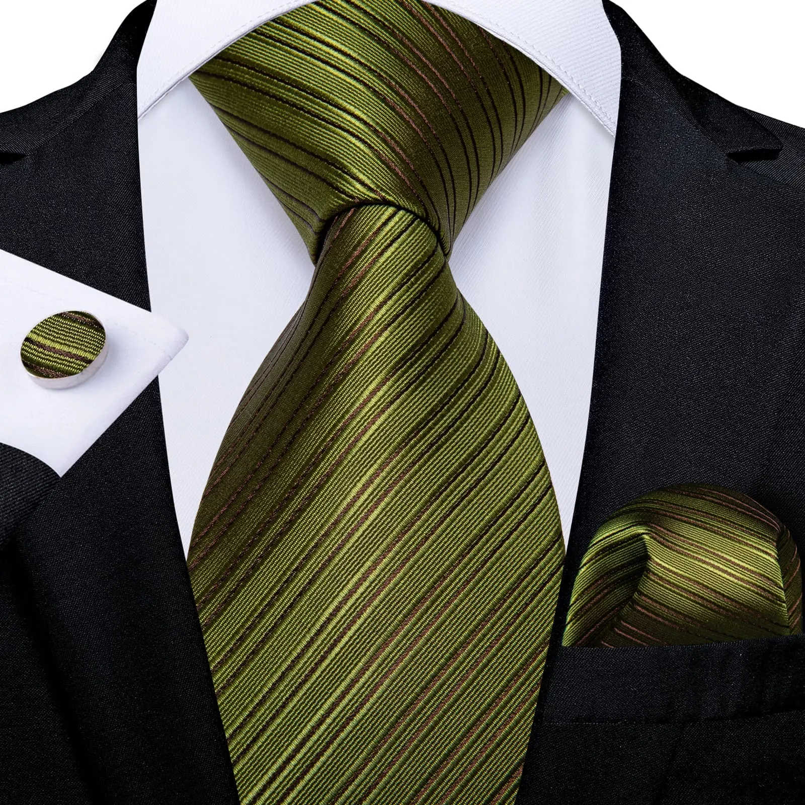 DiBanGu Silk Tie Olive Green Striped Lazy Easy-pull Mens Dress Tie Hanky Cufflinks Set