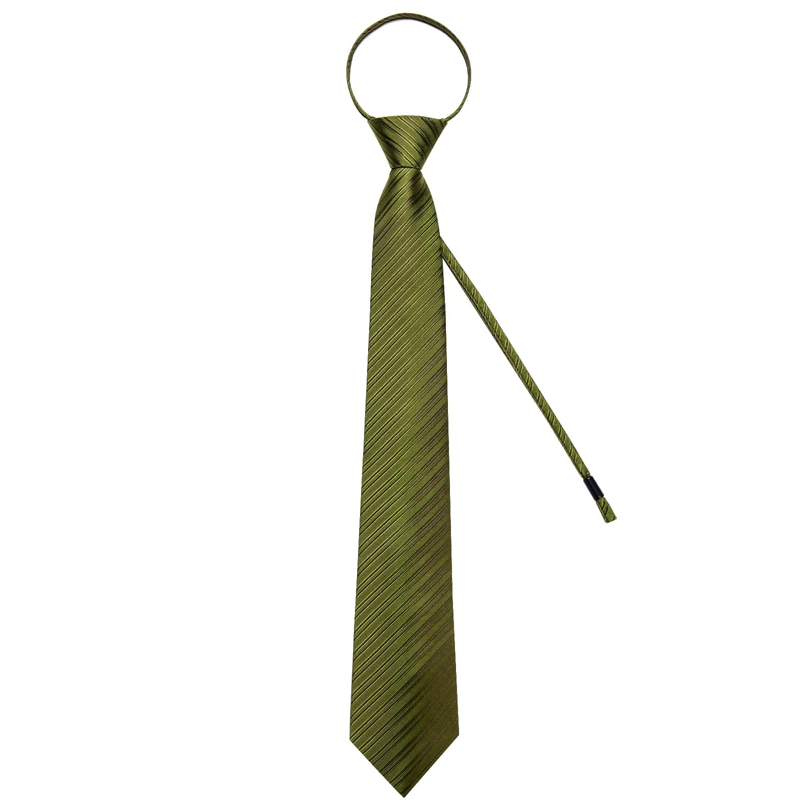 DiBanGu Silk Tie Olive Green Striped Lazy Easy-pull Mens Dress Tie Hanky Cufflinks Set